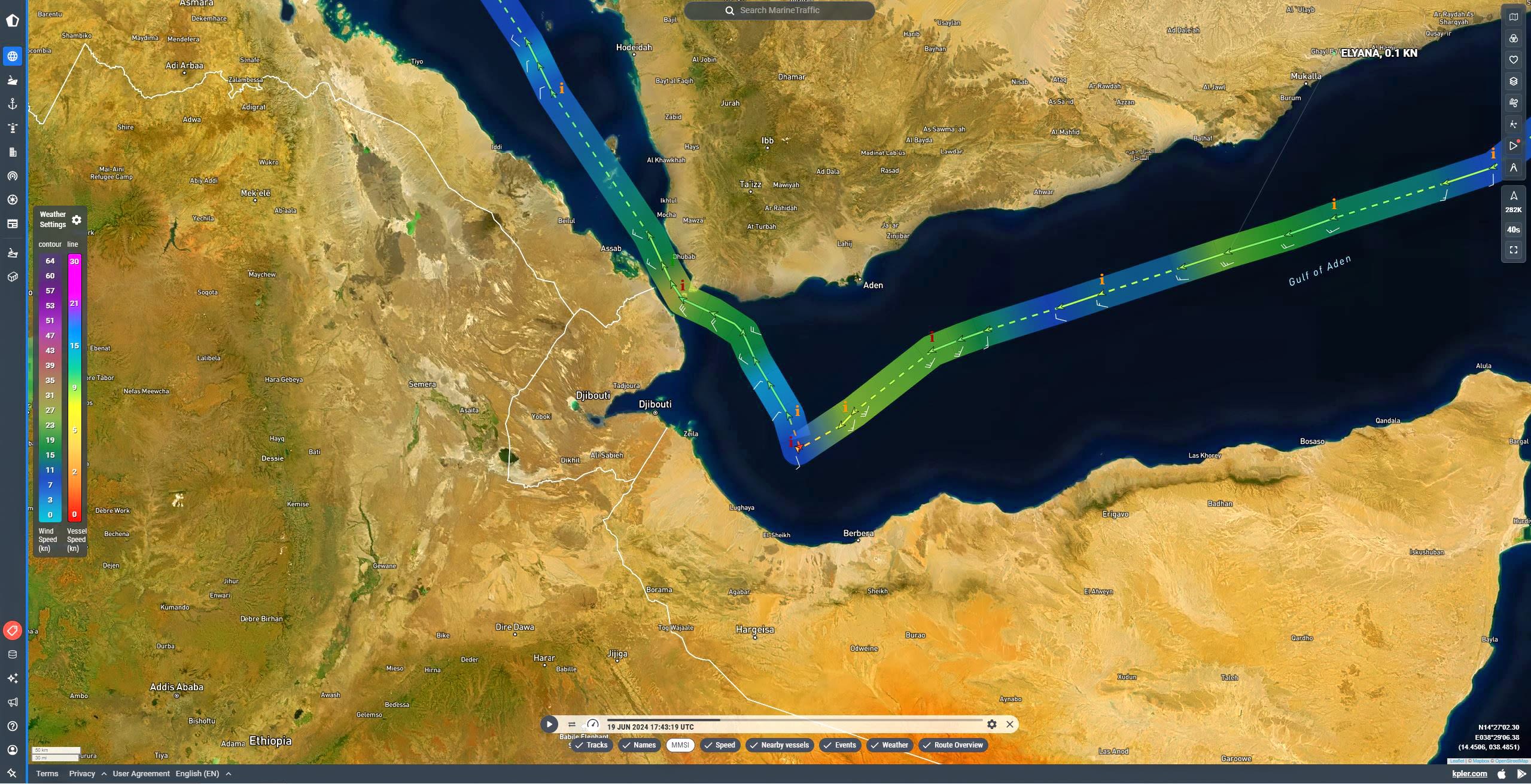 مسار اليانا من إيران إلى سواحل الصومال حيث يظهر أن جهاز التعرف التلقائي كان مغلقا على طول الطريق تقريبا. المصدر مارين ترافيك.