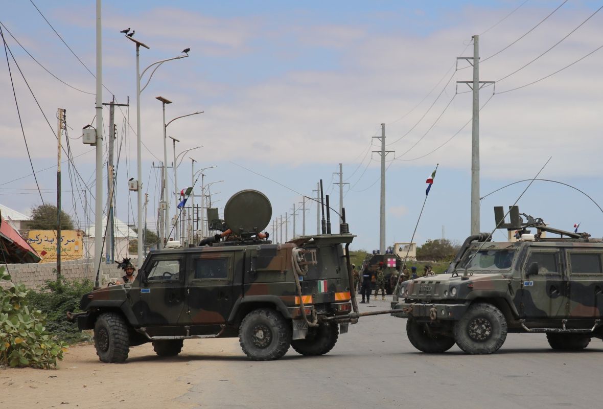 MOGADISHU, SOMALIA - SEPTEMBER 30: A road is blocked after Al-Qaeda affiliated al-Shabaab militants stormed the Ballidogle American special forces military base roughly 100 kilometers northwest of Mogadishu using vehicle bombs followed by sporadic gunfire from fighters in Mogadishu, Somalia on September 30, 2019. In a separate incident, al-Shabaab militants carried out an attack near Jaalle Siyad academy in Mogadishus Hodan district targeting an EU convoy ferrying military trainers working with the Somali security forces, said a police officer. (Photo by Sadak Mohamed/Anadolu Agency via Getty Images)
